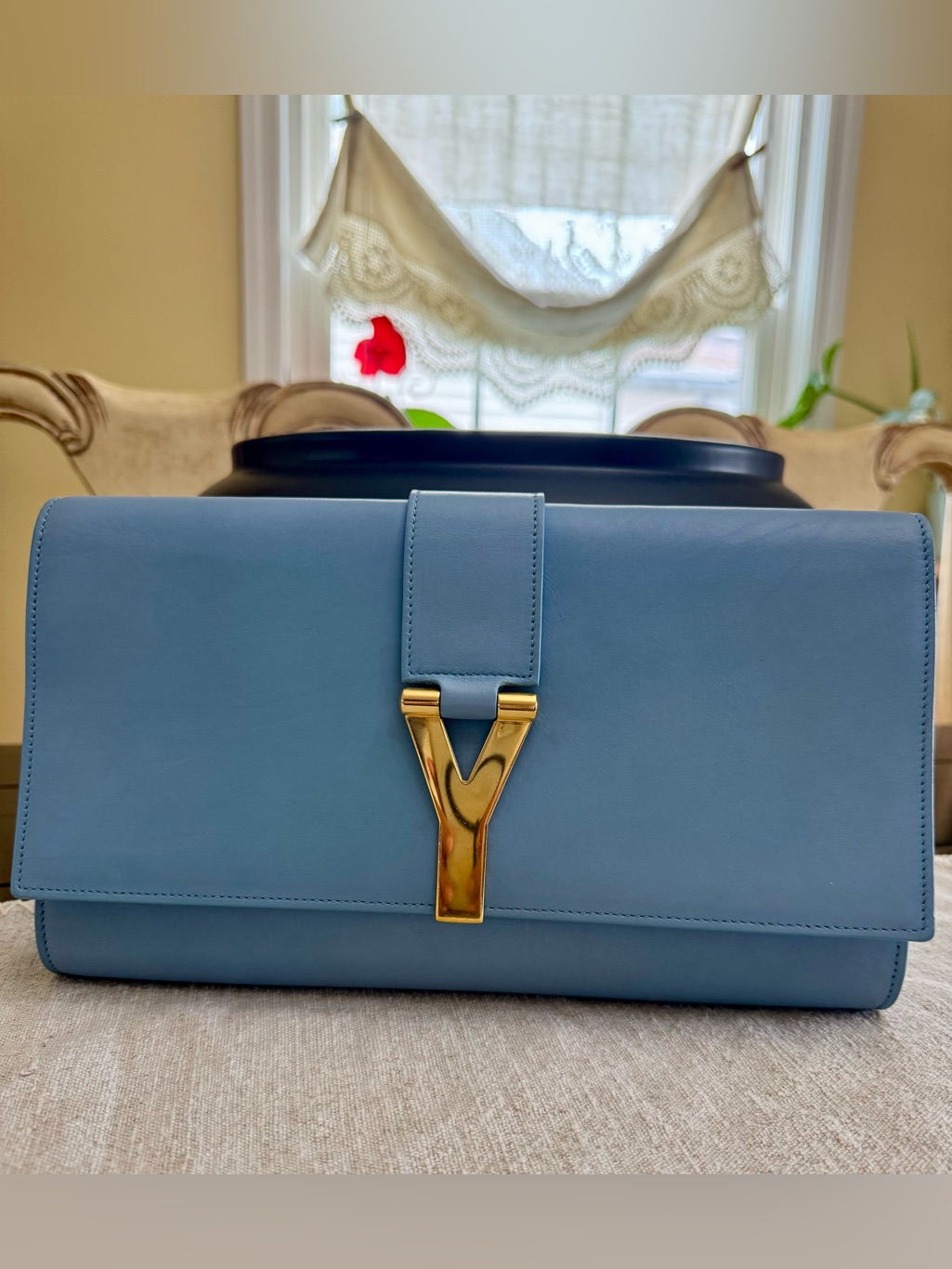 Yves Saint Laurent Light Blue Smooth Calfskin Leather Ligne Y Clutch